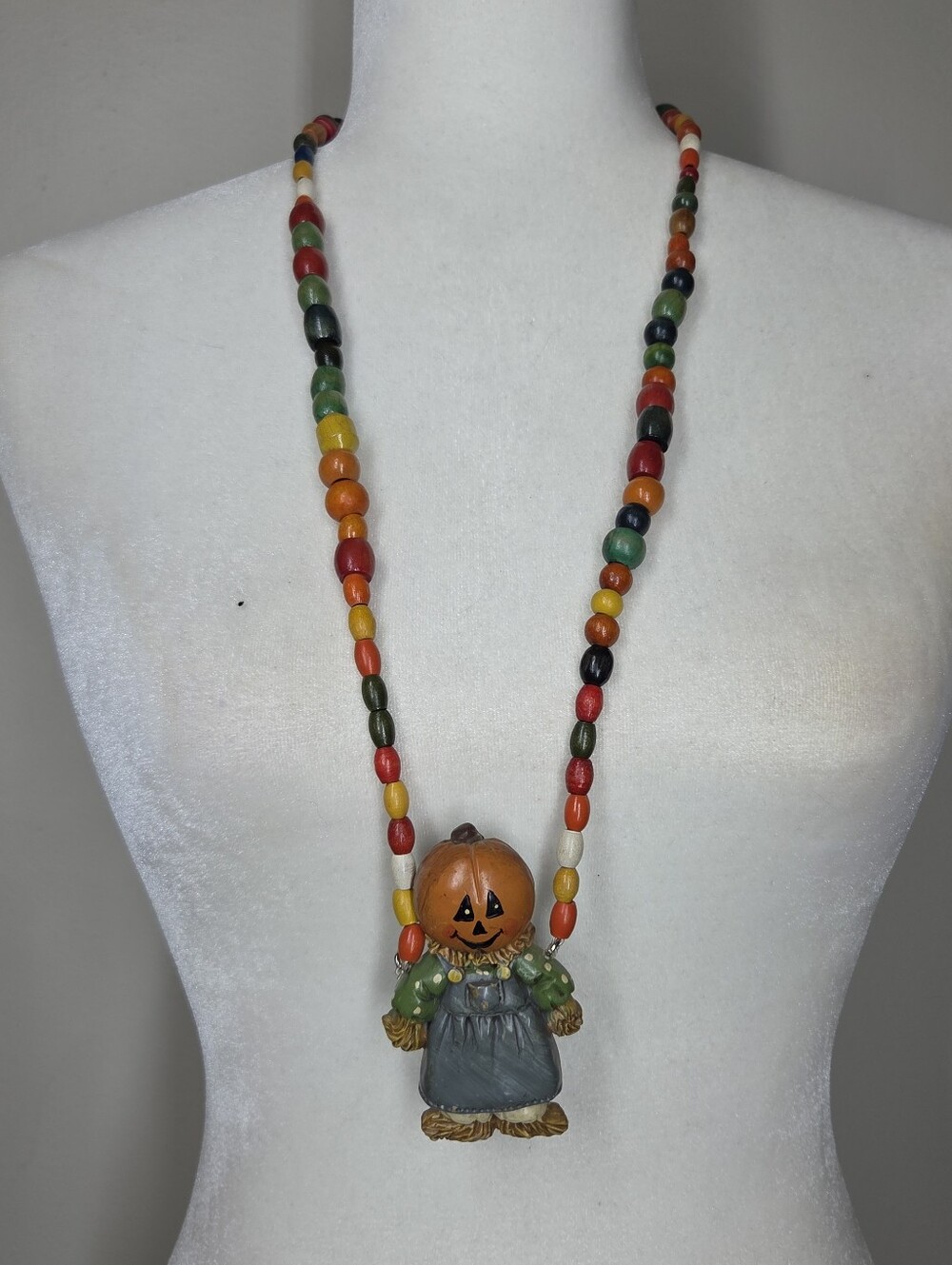 Vtg Jackolantern Pumpkin Scarecrow Beaded Necklace Fall Autumn Harvest Teacher